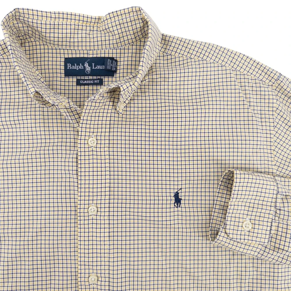 Polo Ralph Lauren Men's Large Long Sleeve Button Up Shirt Blue Yellow Check Pony